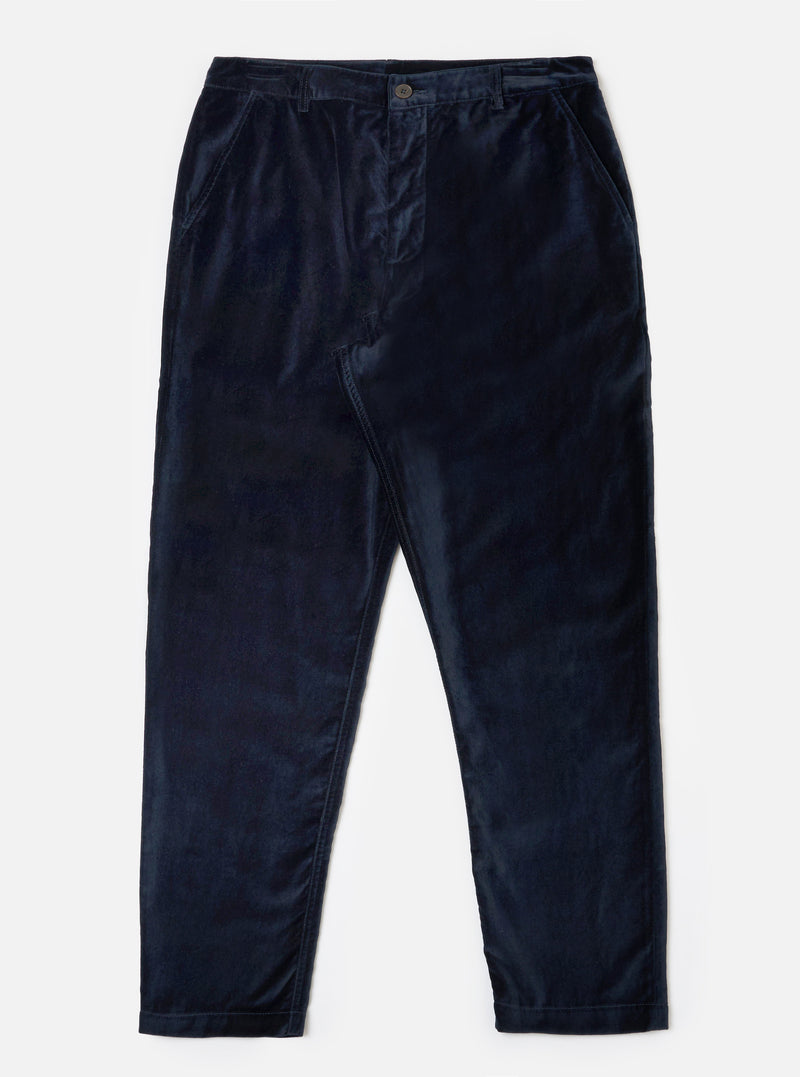 The Navy Velveteen Military Chino pants are displayed on a white background. The pants are a rich navy color and made of soft velveteen material.