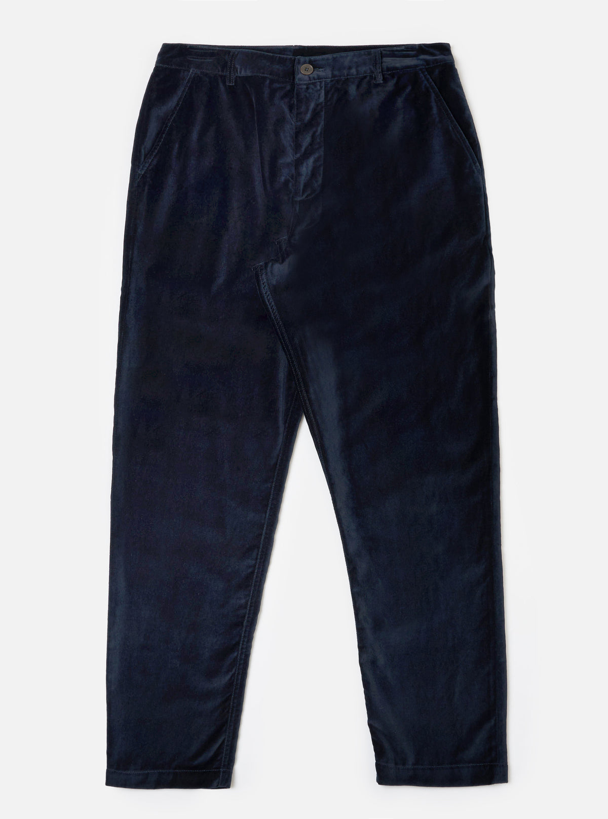 The Navy Velveteen Military Chino pants are displayed on a white background. The pants are a rich navy color and made of soft velveteen material.