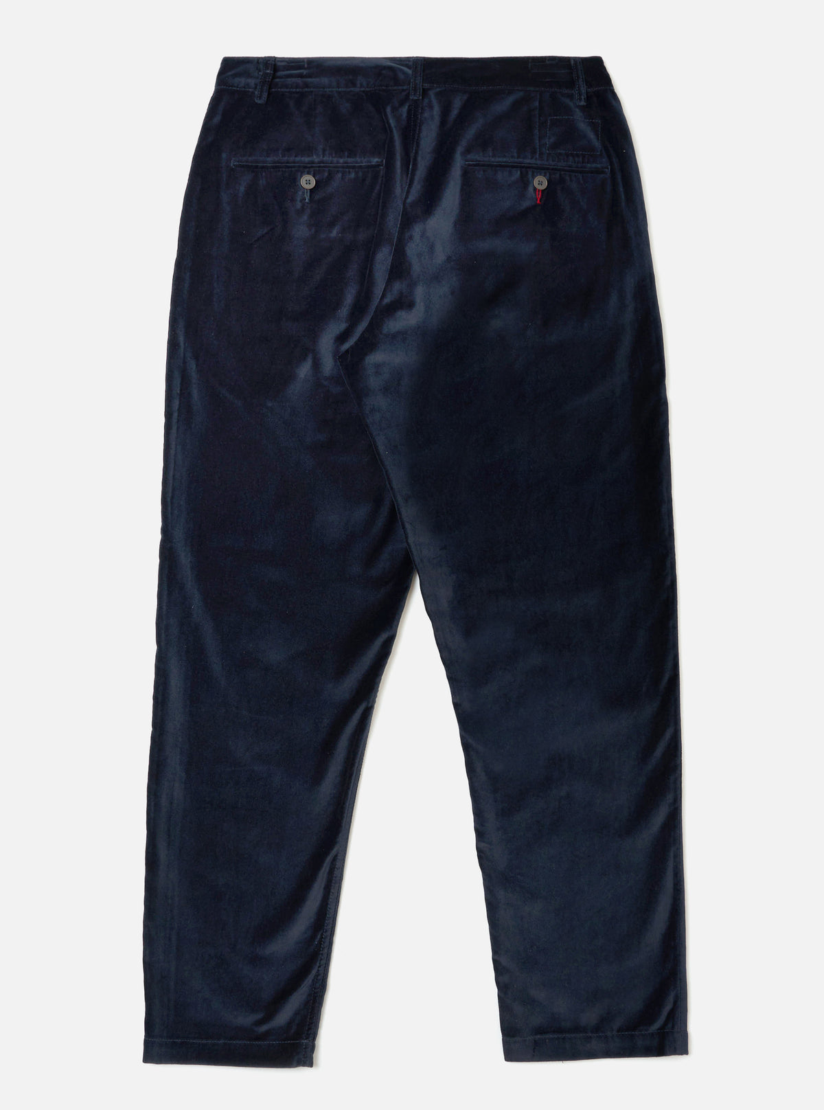 Back view of the Navy Velveteen Military Chino on a white background. The pants are a rich navy color and have a soft, velvety texture.