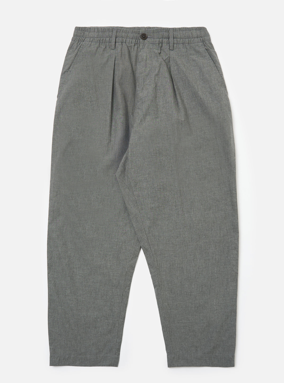 The Charcoal Organic Chambray Oxford Pant laid on a white background. These stylish pants are a versatile addition to any wardrobe.