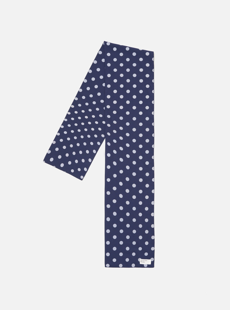 Navy Bold Dot Print Rayon Evening Scarf on a white surface. The scarf is navy with white polka dots. The material is lightweight rayon.