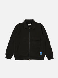 The Black Brush Back Sweat Tyler Sweat Jacket on a white background. The jacket is zipped up and has a pocket on the chest and a logo on the bottom.