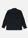Back view of the Black Organic Fine Cord Fatigue Shirt on a white background. The shirt is made of fine cord material and has long sleeves.