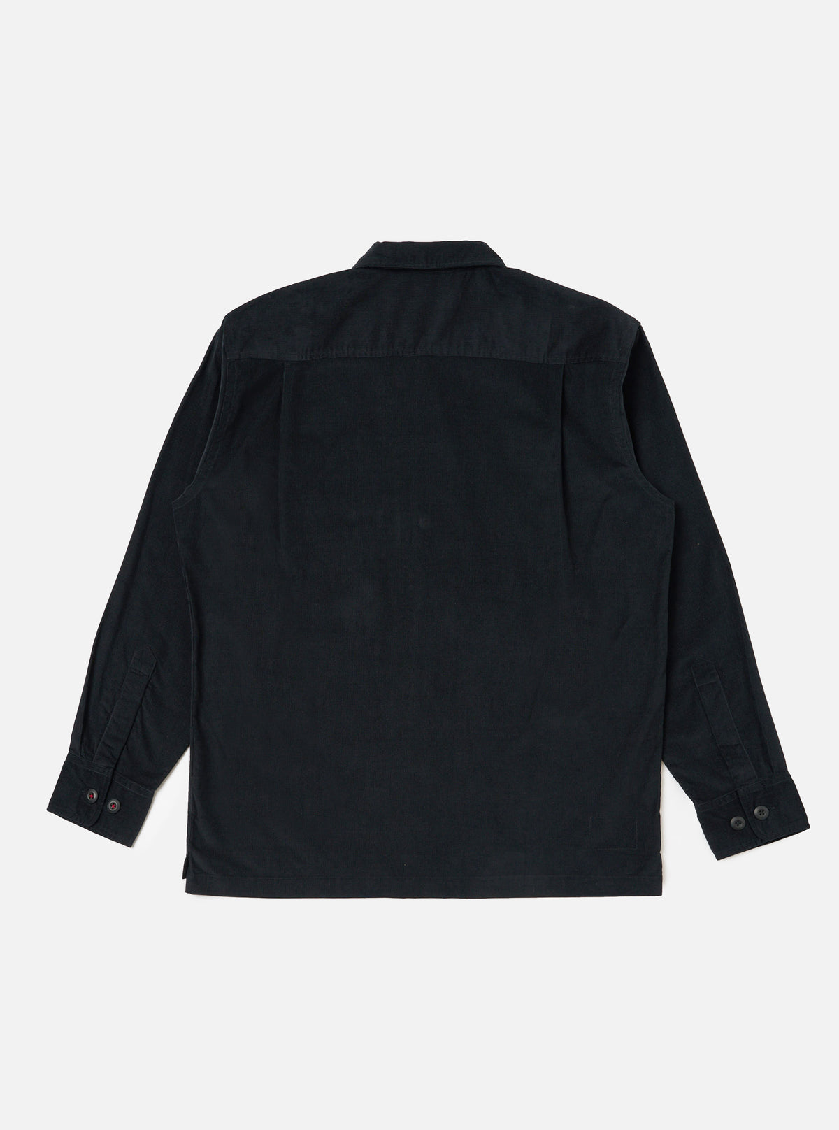 Back view of the Black Organic Fine Cord Fatigue Shirt on a white background. The shirt is made of fine cord material and has long sleeves.