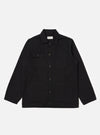 The Black Organic Canvas Dockside Overshirt is laid flat on a white background. The overshirt has a collared neck, button closure, and four pockets.