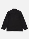 Back view of the Black Organic Canvas Dockside Overshirt on a white background. The shirt is black canvas with long sleeves and a collared neck.