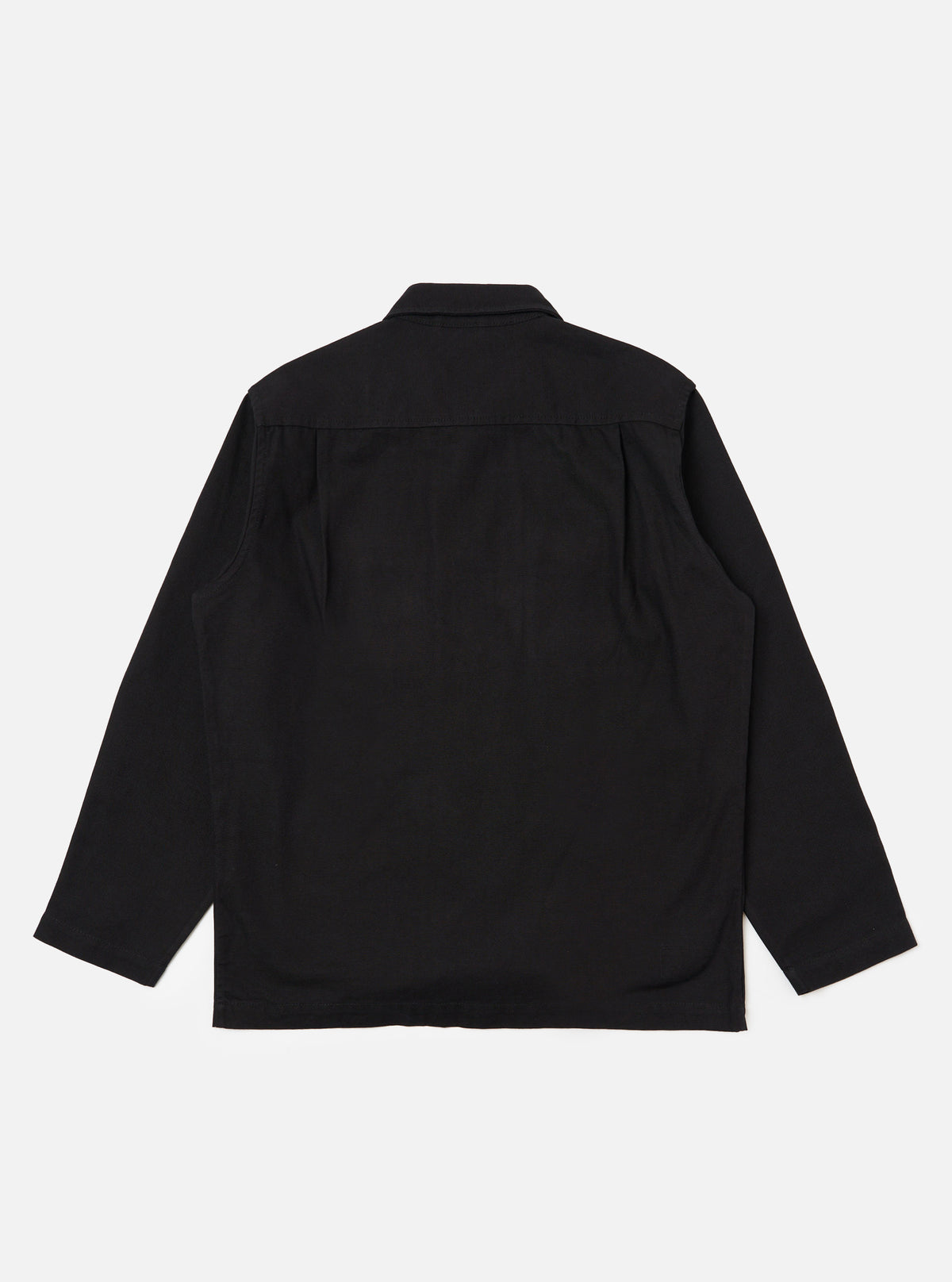 Back view of the Black Organic Canvas Dockside Overshirt on a white background. The shirt is black canvas with long sleeves and a collared neck.