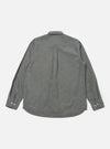 Back view of the Charcoal Organic Chambray Patched Lazy Day Shirt on a white background. The shirt is gray, long-sleeved, and made of chambray material.