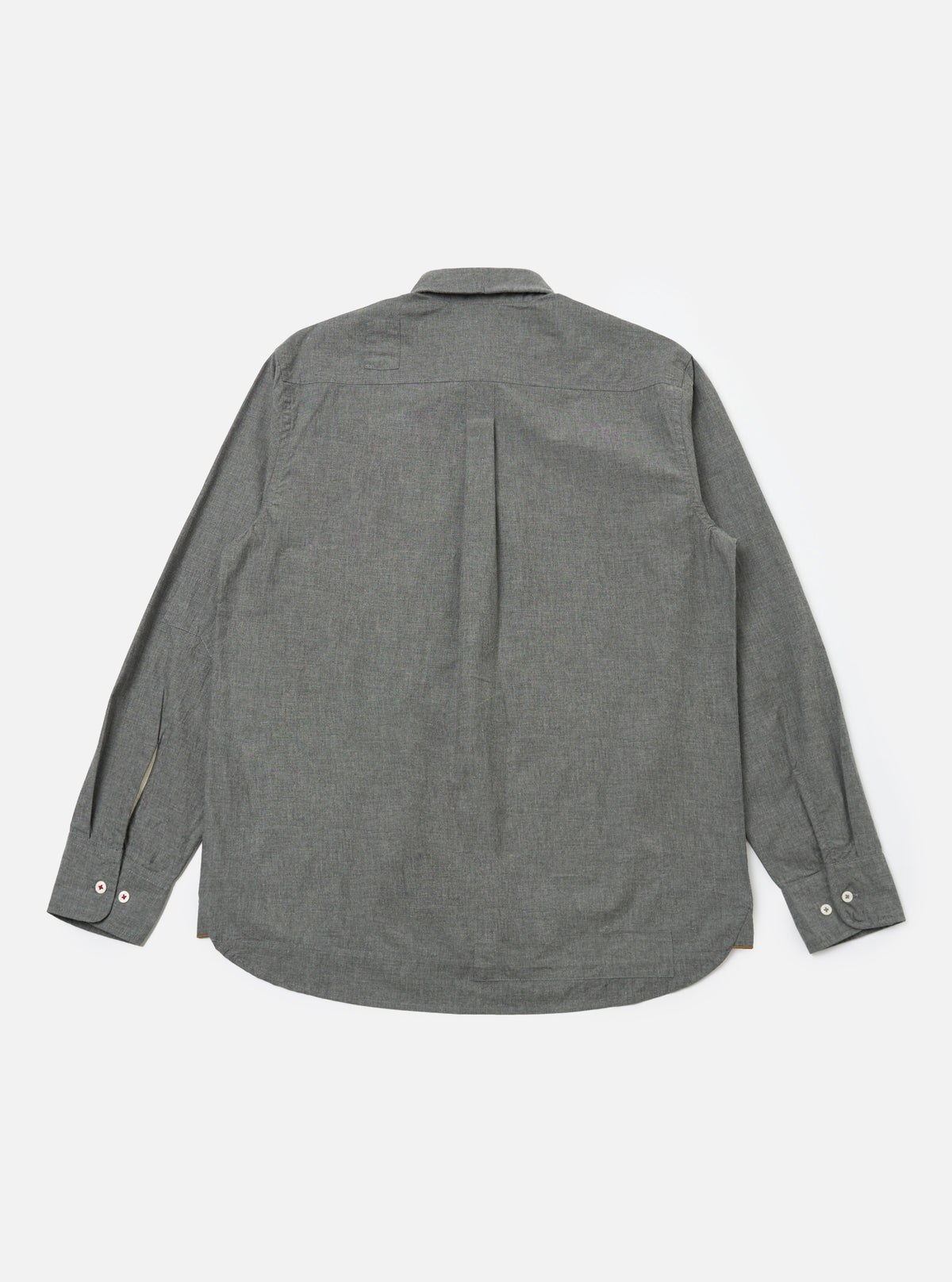 Back view of the Charcoal Organic Chambray Patched Lazy Day Shirt on a white background. The shirt is gray, long-sleeved, and made of chambray material.