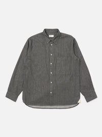 The Charcoal Brushed Organic Cotton Square Pocket Shirt is laid flat on a white background. The shirt is long-sleeved with a square pocket on the chest.