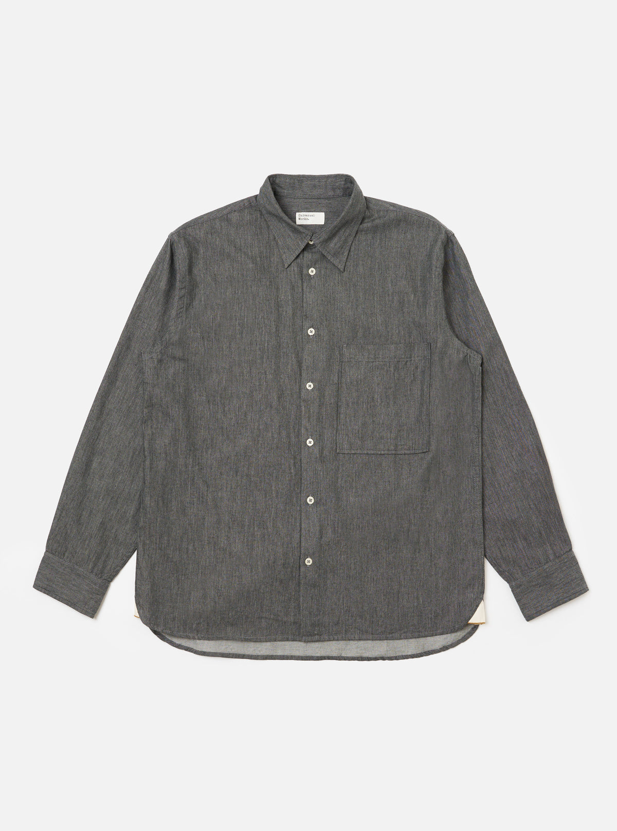 The Charcoal Brushed Organic Cotton Square Pocket Shirt is laid flat on a white background. The shirt is long-sleeved with a square pocket on the chest.