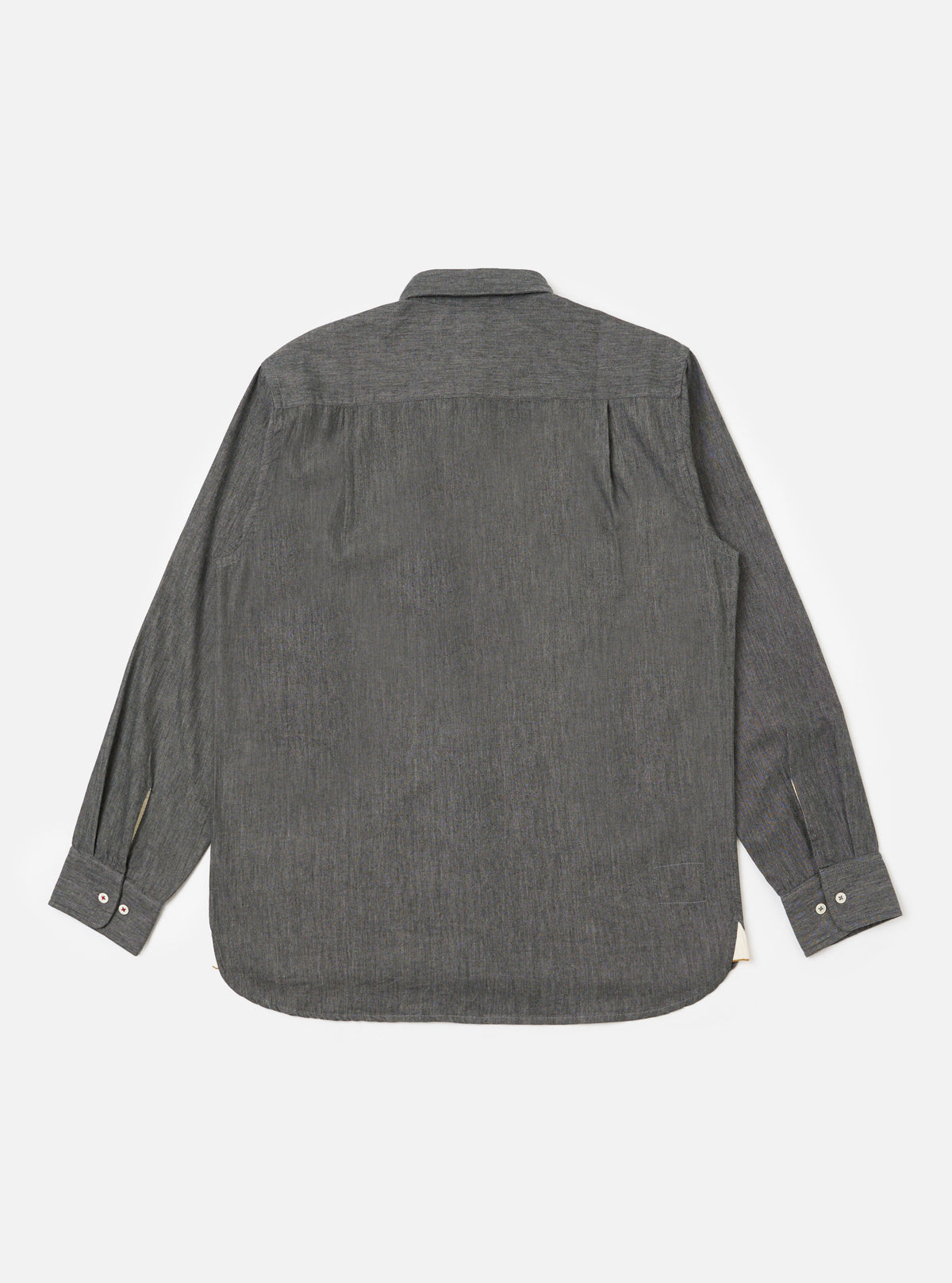 Back view of the Charcoal Brushed Organic Cotton Square Pocket Shirt on a white background. The shirt is charcoal gray and made of organic cotton.