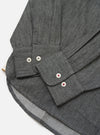 Close-up of the Charcoal Brushed Organic Cotton Square Pocket Shirt showing the cuff, buttons, and hem on a white background.