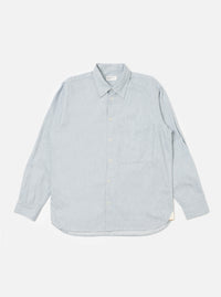 The Sky Blue Brushed Organic Cotton Square Pocket Shirt, laid flat on a white background. The shirt is light blue, long-sleeved, and has a square pocket.