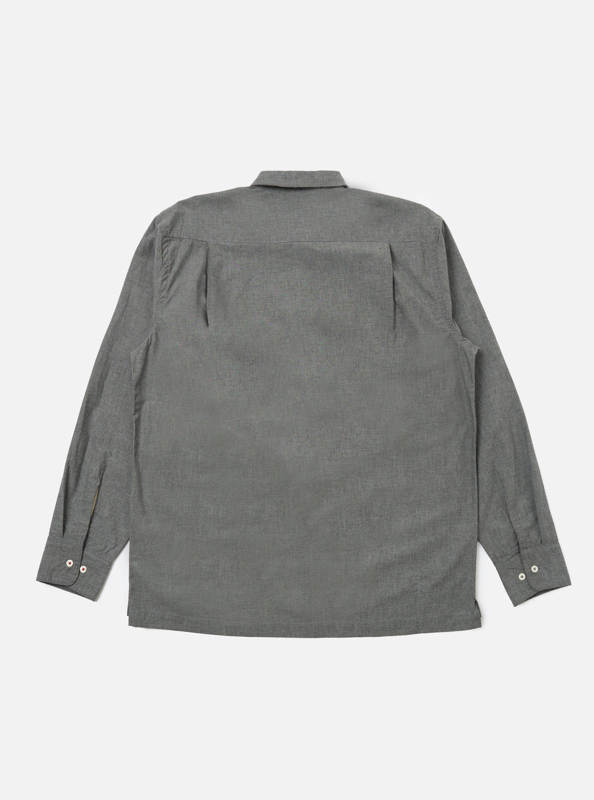 Back view of the Charcoal Organic Chambray Lucky Shirt on a white background. The shirt is long-sleeved and made of organic chambray material.