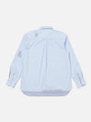 Back view of the Blue Office Stripe Patched Lazy Day Shirt, laid flat on a white background. The shirt features blue and white stripes with patched detailing.