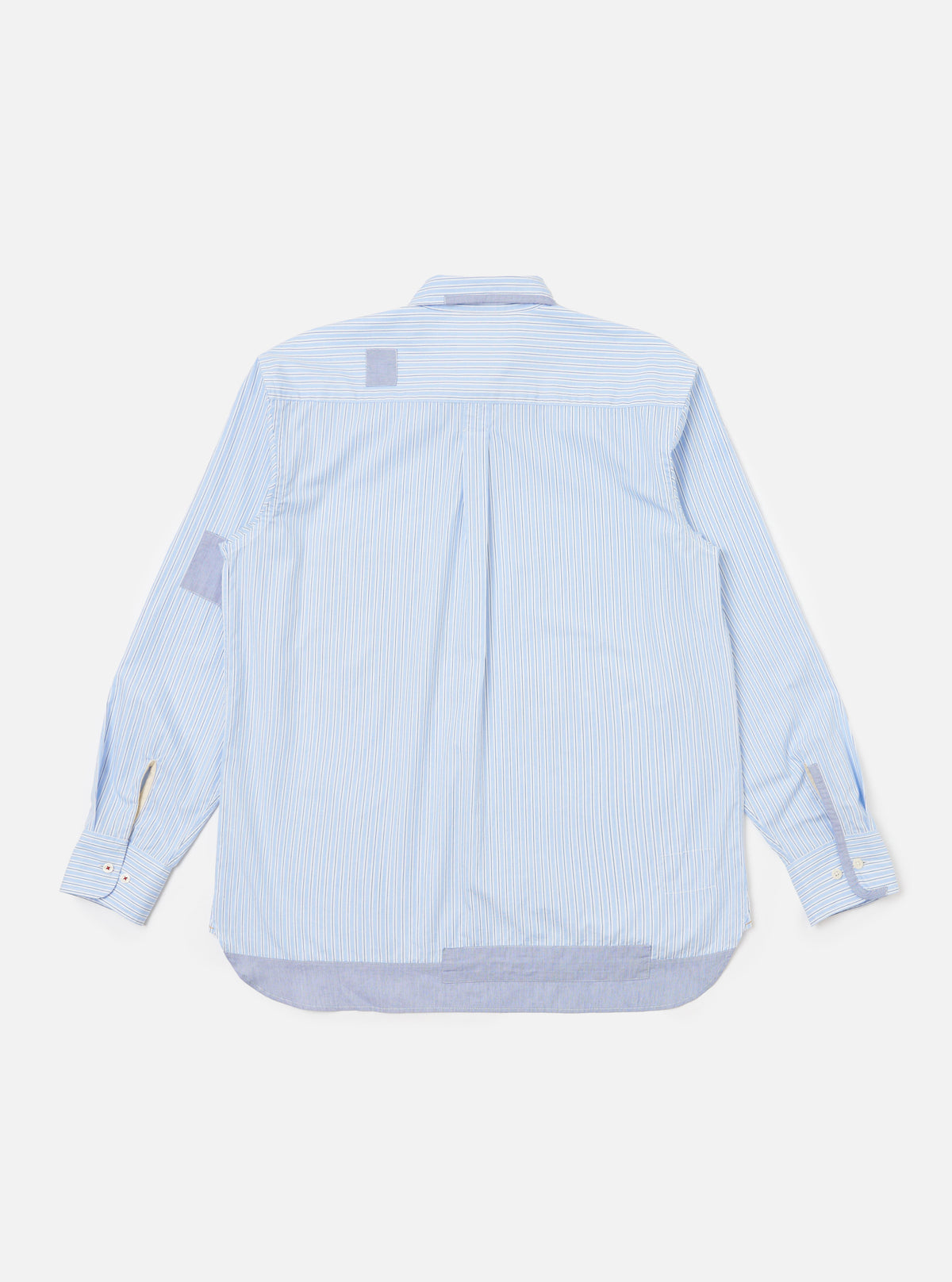 Back view of the Blue Office Stripe Patched Lazy Day Shirt, laid flat on a white background. The shirt features blue and white stripes with patched detailing.