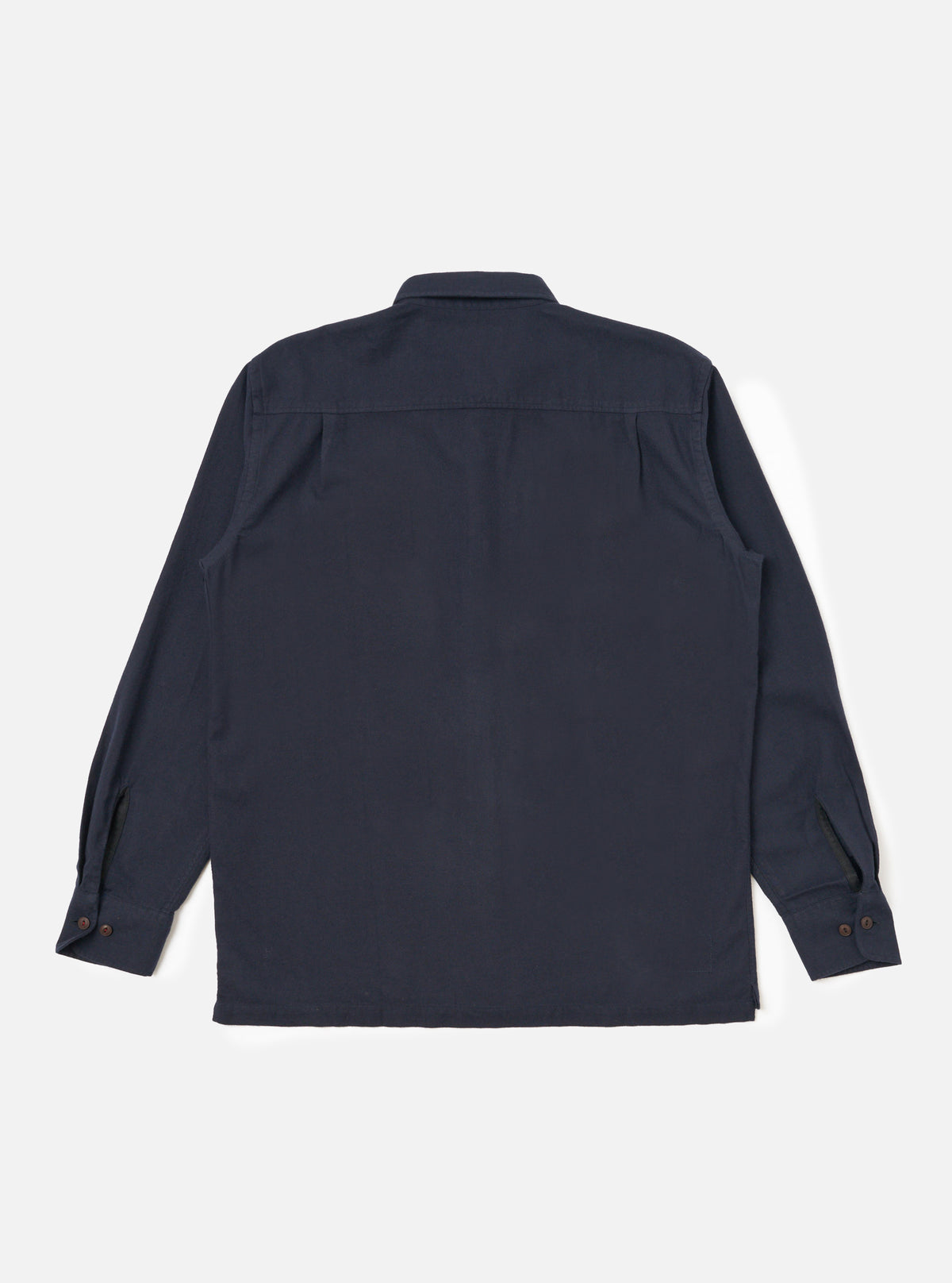 Back view of the Dark Navy Sid Flannel CPO Shirt on a white background. The shirt has long sleeves and brown buttons.
