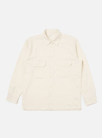 The Ecru Sid Flannel CPO Shirt in a light cream color, laid flat on a white background. The shirt has a relaxed fit, two chest pockets, and button-down closure.