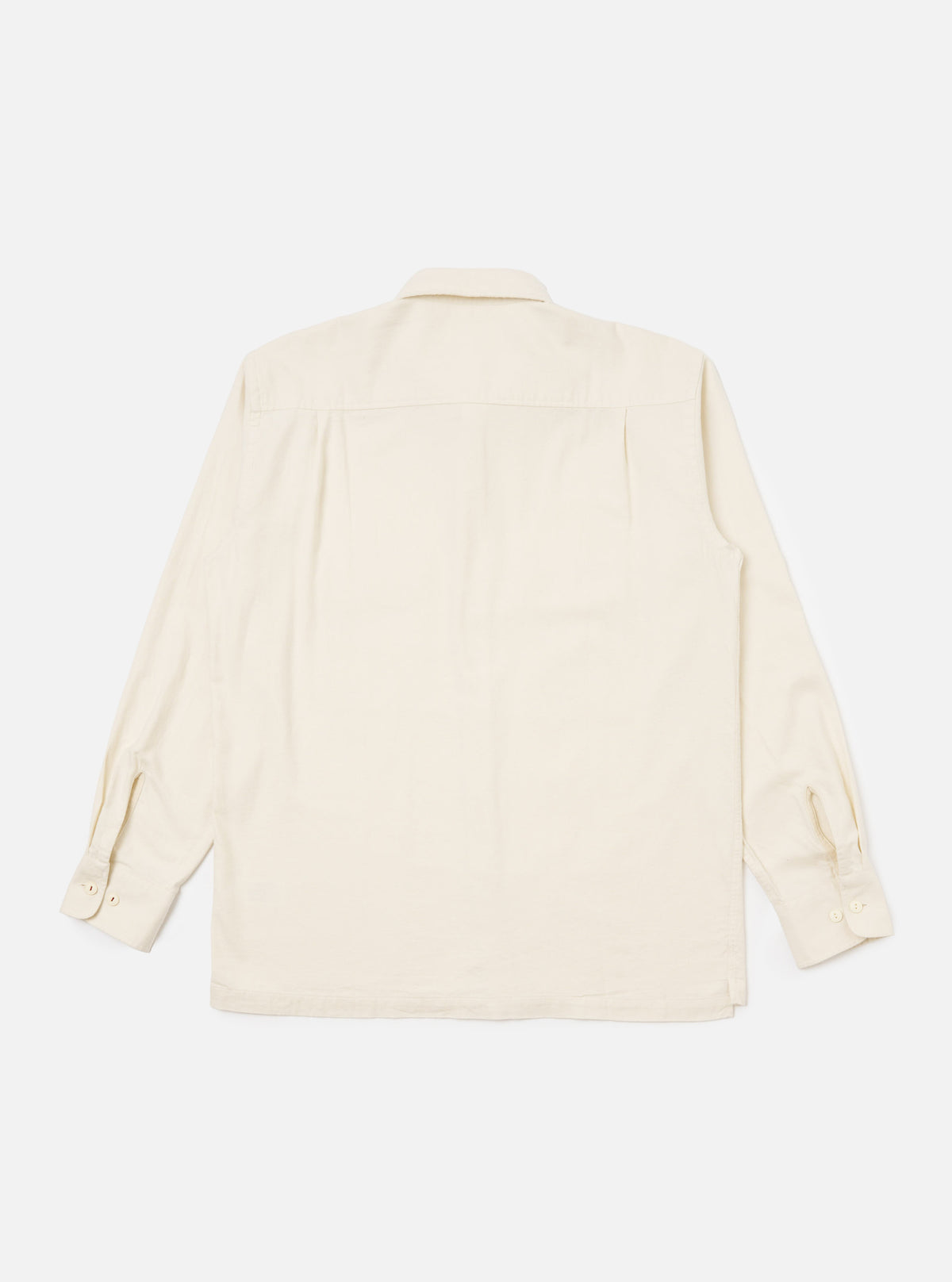 Back view of the Ecru Sid Flannel CPO Shirt, a light-colored, long-sleeved shirt with buttoned cuffs, laid flat on a white background.
