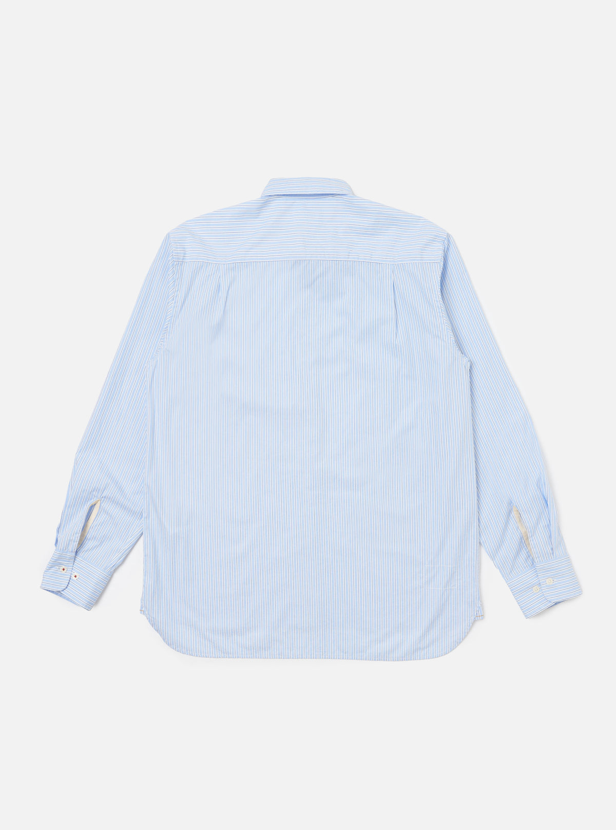 Back view of a Blue Office Stripe Square Pocket Shirt laid flat on a white background. The shirt has long sleeves and a button-down collar.