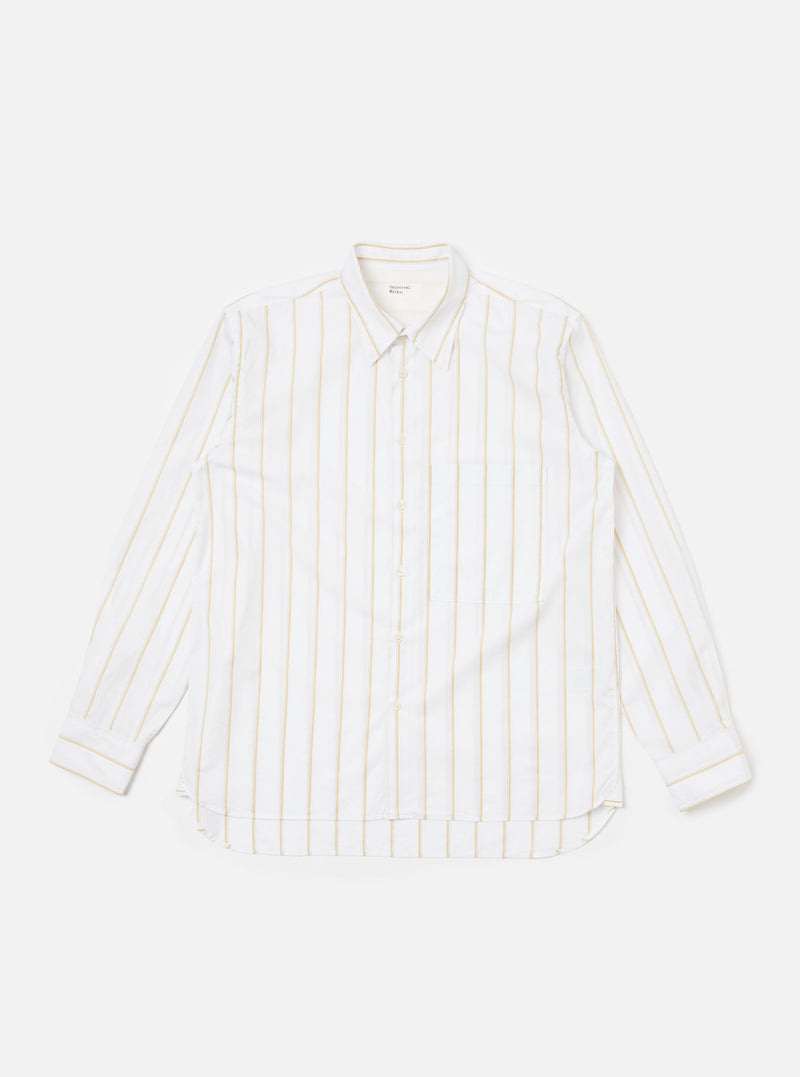 The White Office Stripe Square Pocket Shirt is laid flat on a white background. The shirt is white with thin gold stripes and has a square pocket.