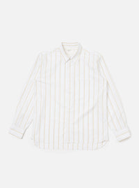 The White Office Stripe Square Pocket Shirt is laid flat on a white background. The shirt is white with thin gold stripes and has a square pocket.