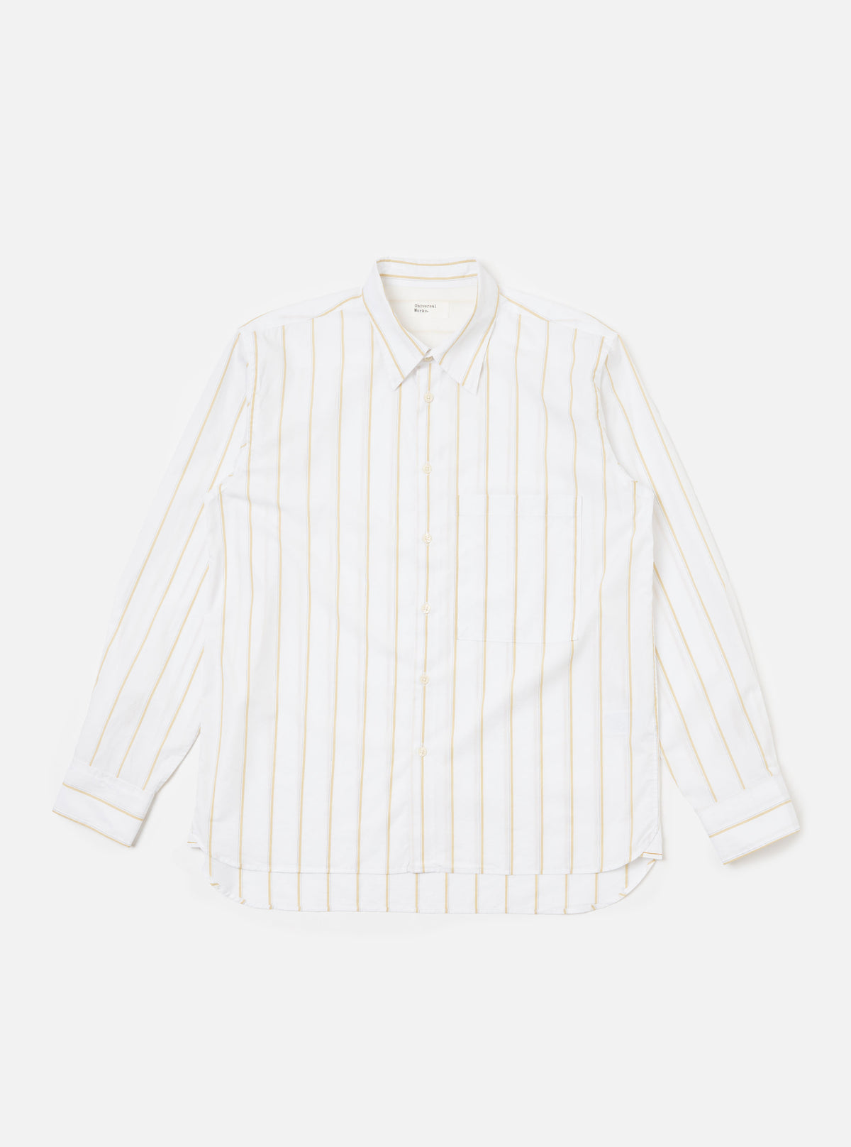 The White Office Stripe Square Pocket Shirt is laid flat on a white background. The shirt is white with thin gold stripes and has a square pocket.