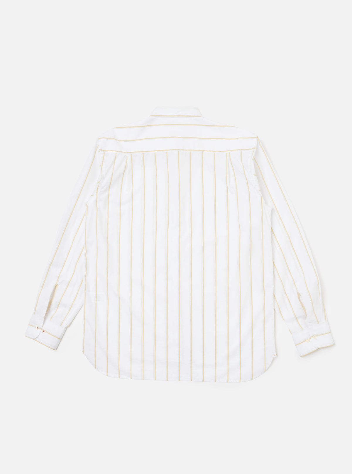 The back of a White Office Stripe Square Pocket Shirt, laid flat on a white background. The shirt is white with thin gold stripes.