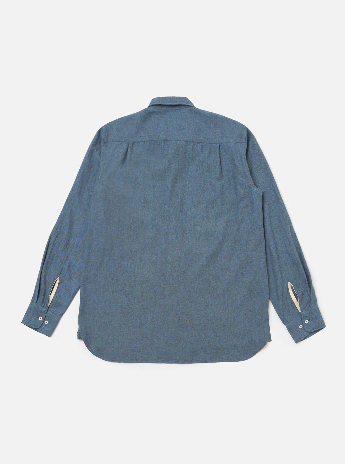 The back of a Blue Brushed Marl Twill Square Pocket Shirt laid flat on a white background. The shirt is long-sleeved and made of twill material.