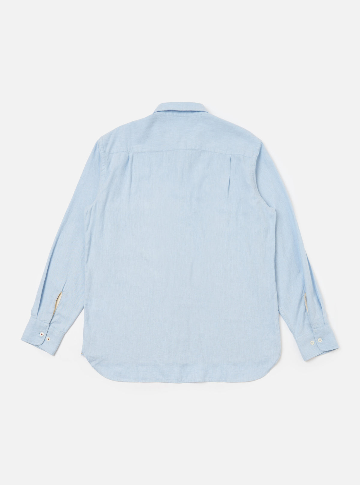The back of a Light Blue Brushed Marl Twill Square Pocket Shirt laid flat on a white background. The shirt has long sleeves and a button-down collar.