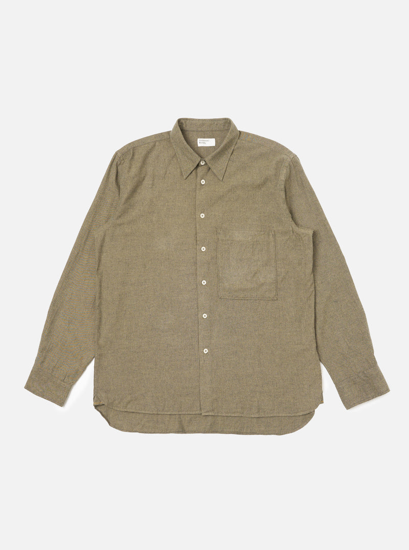 The Mustard Brushed Marl Twill Square Pocket Shirt is laid flat on a white background. The shirt is a light brown color and has a square pocket.