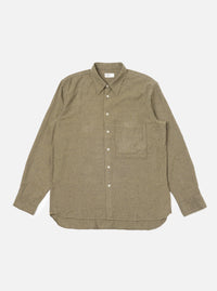 The Mustard Brushed Marl Twill Square Pocket Shirt is laid flat on a white background. The shirt is a light brown color and has a square pocket.