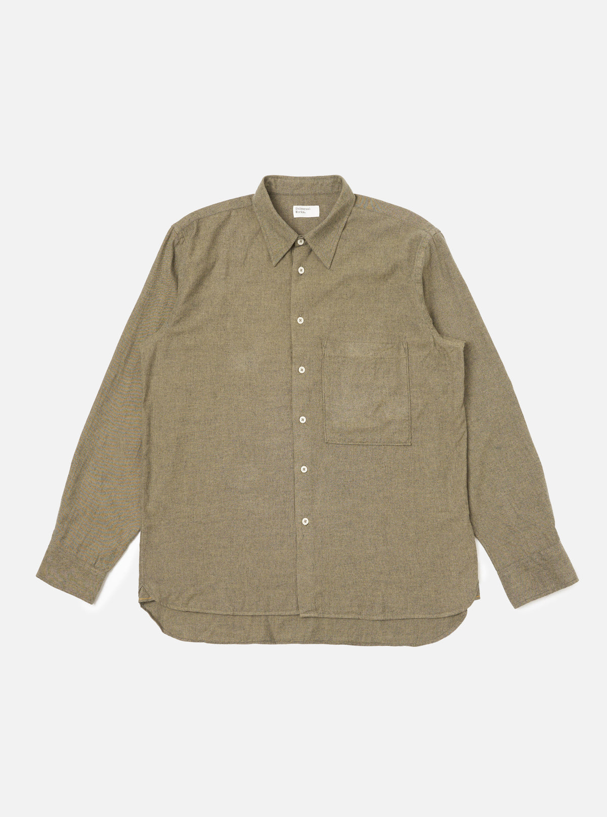 The Mustard Brushed Marl Twill Square Pocket Shirt is laid flat on a white background. The shirt is a light brown color and has a square pocket.