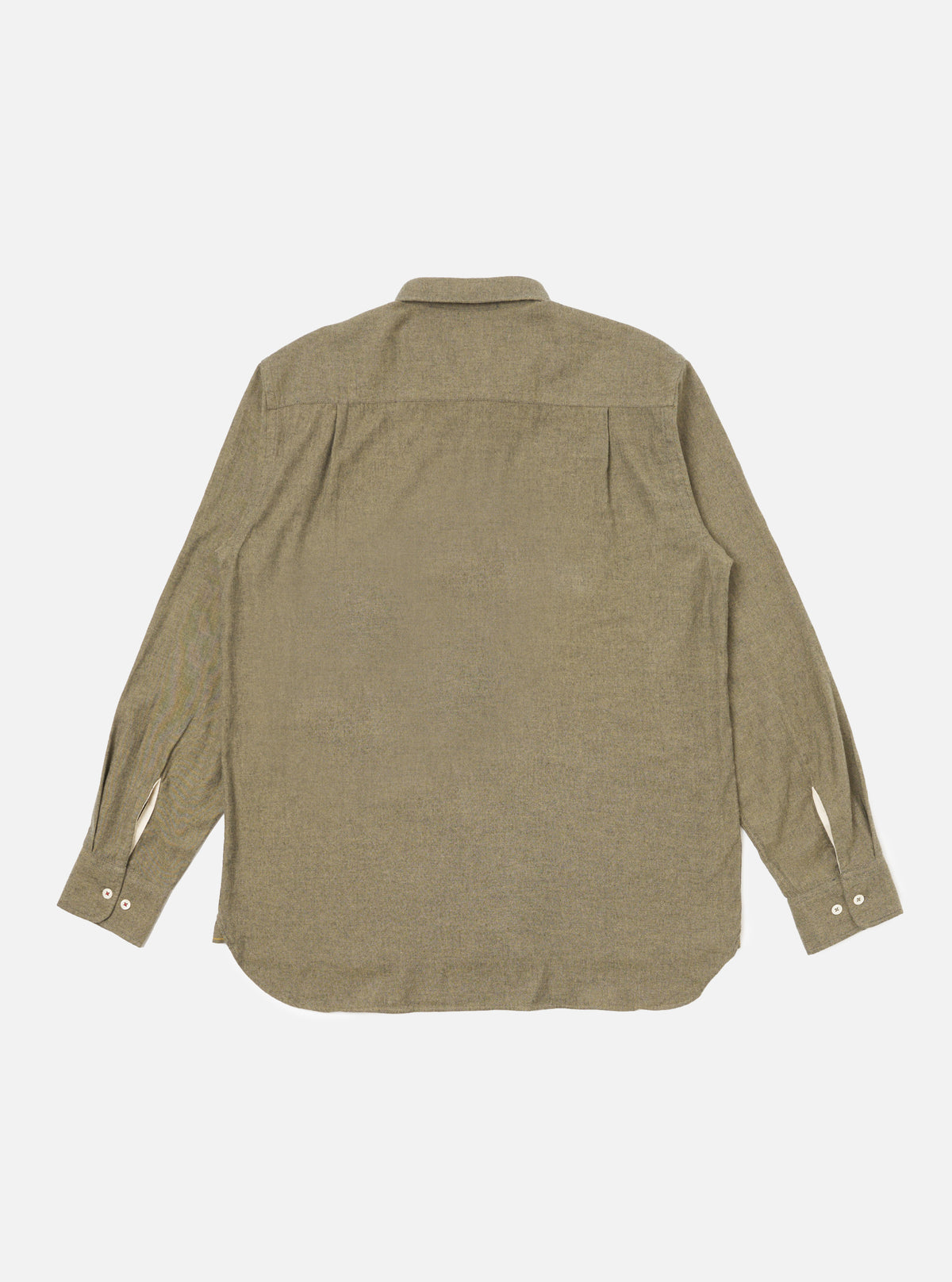 Back view of the Mustard Brushed Marl Twill Square Pocket Shirt, a long-sleeved twill shirt in a marled mustard color, laid flat on a white background.