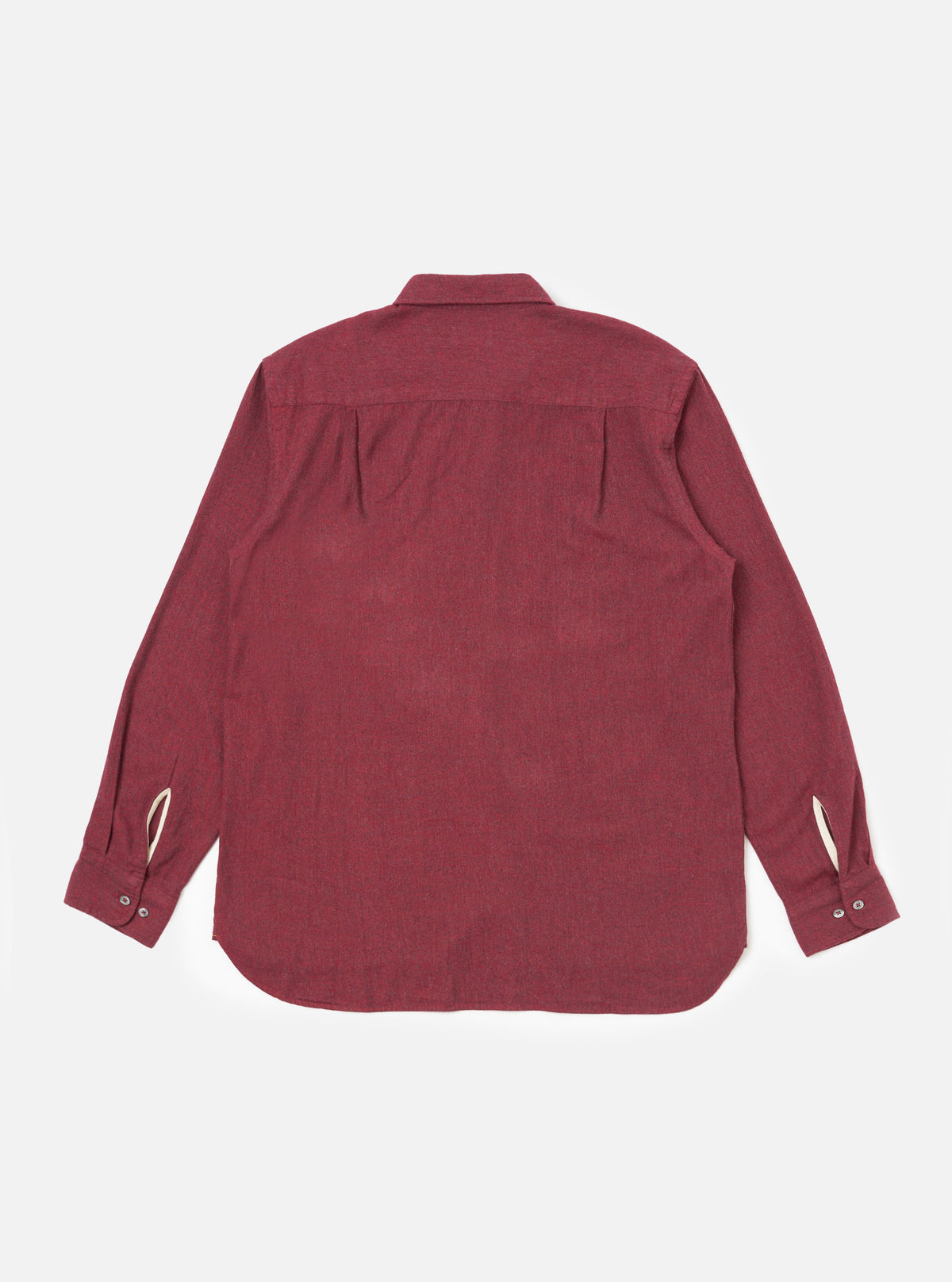 Back view of the Red Brushed Marl Twill Square Pocket Shirt on a white background. The shirt is a brushed red twill with long sleeves and a square pocket.