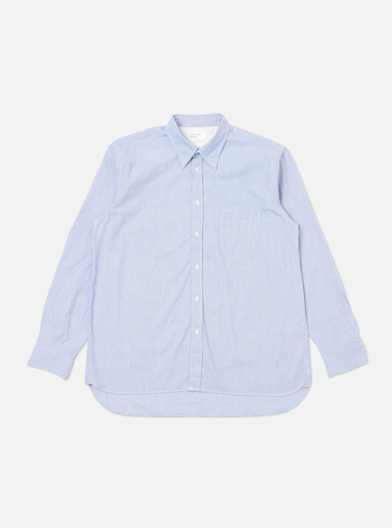The Blue Classic Stripe Lazy Day Shirt is laid flat on a white background. The shirt is light blue with thin white stripes and has a relaxed fit.