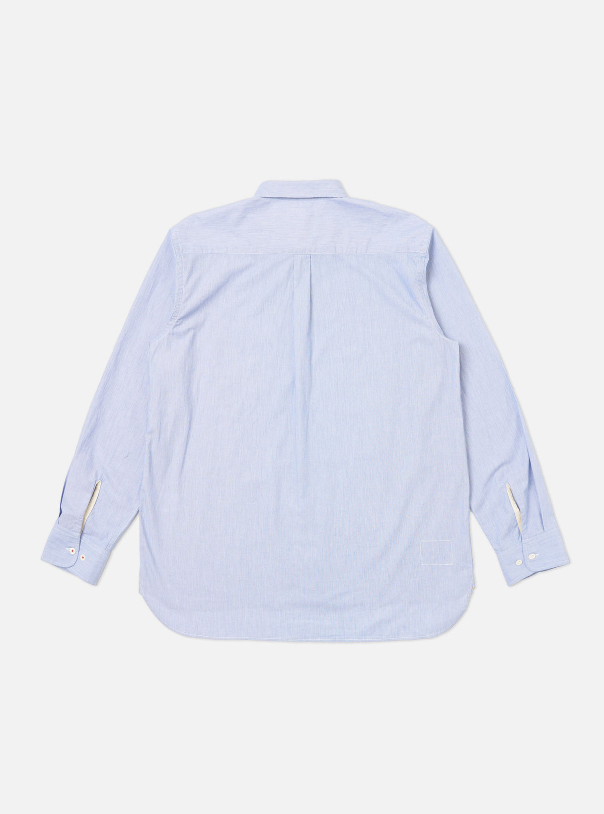 The back of a Blue Classic Stripe Lazy Day Shirt laid flat on a white background. The shirt has long sleeves and a button-down collar.