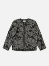 The Charcoal Flower Fleece Zip Liner Jacket is displayed on a white background. The jacket is black and gray with a floral pattern and a full zipper.