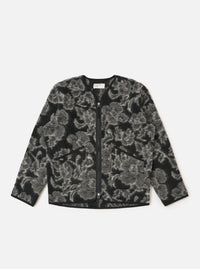 The Charcoal Flower Fleece Zip Liner Jacket is displayed on a white background. The jacket is black and gray with a floral pattern and a full zipper.