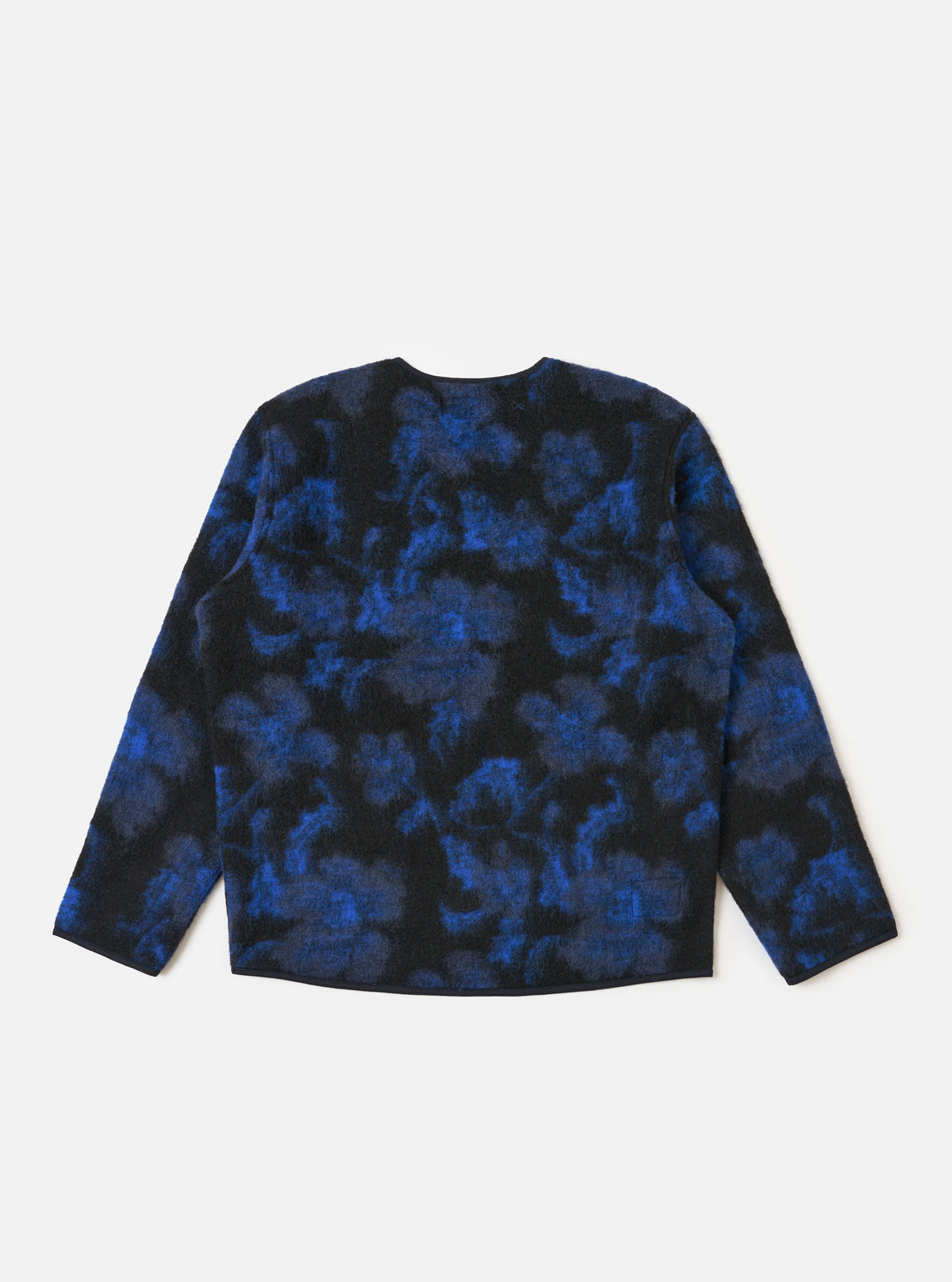 The Blue Flower Fleece Zip Liner Jacket is displayed on a white background. The jacket is black with a blue floral pattern. It's made of fleece and has a zip-up front.