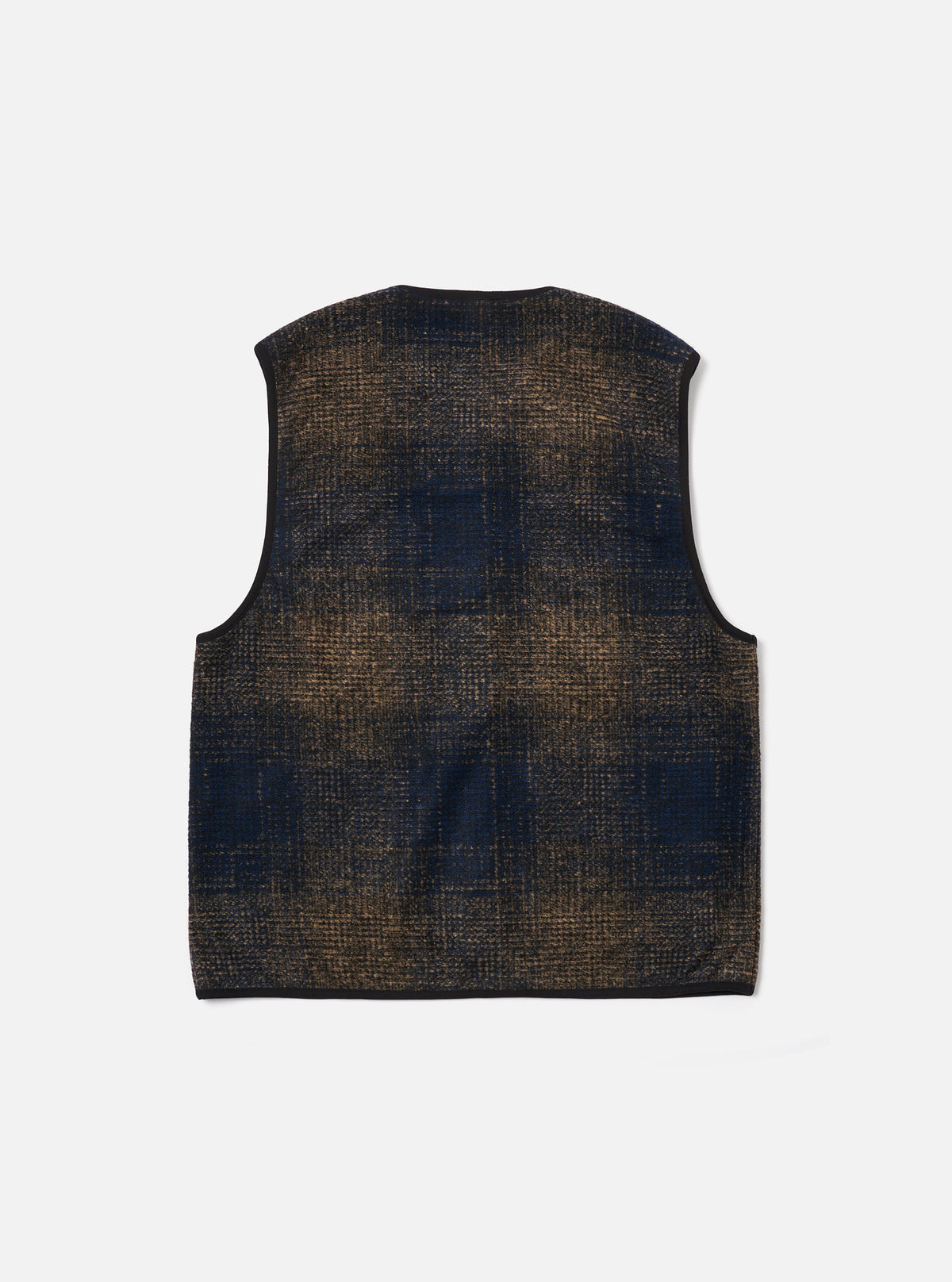 The Navy Deca Check Zip Gilet, a stylish vest in navy and brown check pattern, is laid flat on a white background. The gilet has a full zip and a comfortable fit.