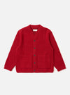 The Red Wool Fleece Advance Cardigan, in red fleece, is laid flat on a white background. It features a button-up front and two square pockets.