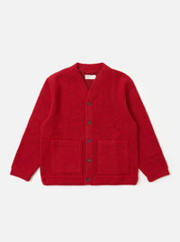The Red Wool Fleece Advance Cardigan, in red fleece, is laid flat on a white background. It features a button-up front and two square pockets.