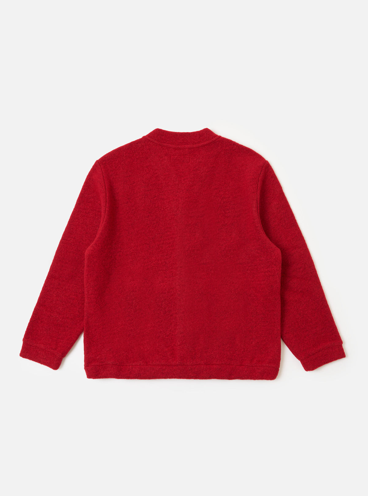 Back view of the Red Wool Fleece Advance Cardigan on a white background. The red, wool cardigan has a relaxed fit.