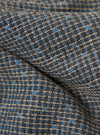 A close-up fabric swatch of the Grey/Blue Jacquard Weave Field Jacket shows a detailed view of the textured material. The intricate jacquard weave features a geometric pattern in shades of grey and blue.