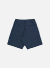 A pair of Navy Chester Stripe Pleated Track Shorts is shown from the back, laid flat against a plain white background. The shorts feature a subtle vertical stripe pattern, an elasticated waistband with a central hang loop, and two rear patch pockets.