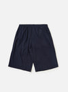 A pair of navy blue paper touch cotton vacation shorts is shown laid flat against a solid white background. The shorts feature an elasticated waistband with a tonal drawstring and a relaxed, wide-leg cut.