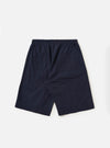 The back of the Navy Paper Touch Cotton Vacation Short is displayed flat against a plain white background. The image highlights the elasticated waistband and two rear pockets, one being a patch pocket with a button closure.