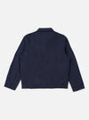 The Navy Linen Slub Weave Franck Jacket is displayed from the back as a flat lay against a plain white background. The image highlights the jacket's structured rear with a central vertical seam and two side vents at the hem. The navy fabric has a distinct, irregular slubbed texture from the linen and cotton blend.